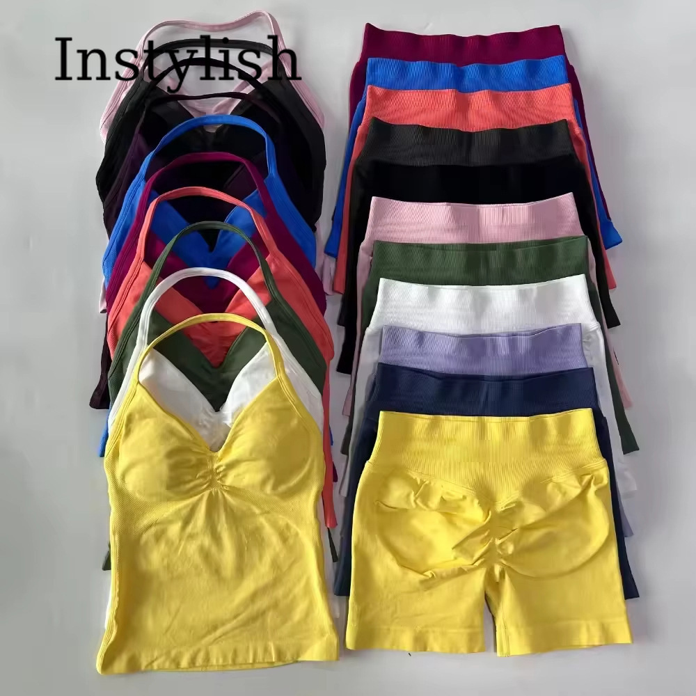 Yoga Fitness Set - ชุดโยคะไร้รอยต่อสำหรับผู้หญิง 2 ชิ้น เสื้อสายเดี่ยวคอวีรัดรูป กางเกงเลกกิ้งเอวสูงยืดหยุ่น ชุดออกกำลังกาย