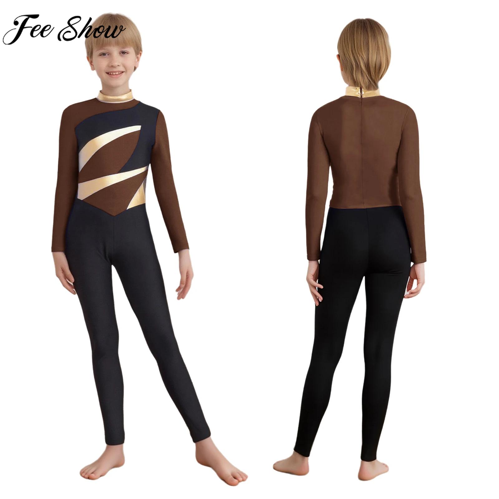 Yoga Fitness Set - ชุดบอดี้สูทสำหรับเด็กผู้ชาย สำหรับเต้นบัลเลต์ ยิมนาสติก แขนยาว แบบสีตัดต่อ สำหรับฟิกเกอร์สเก็ต